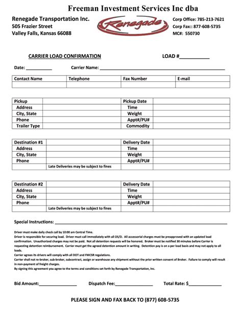 Load confirmation & rate agreement template in Word and Pdf formats - page 2 of 2